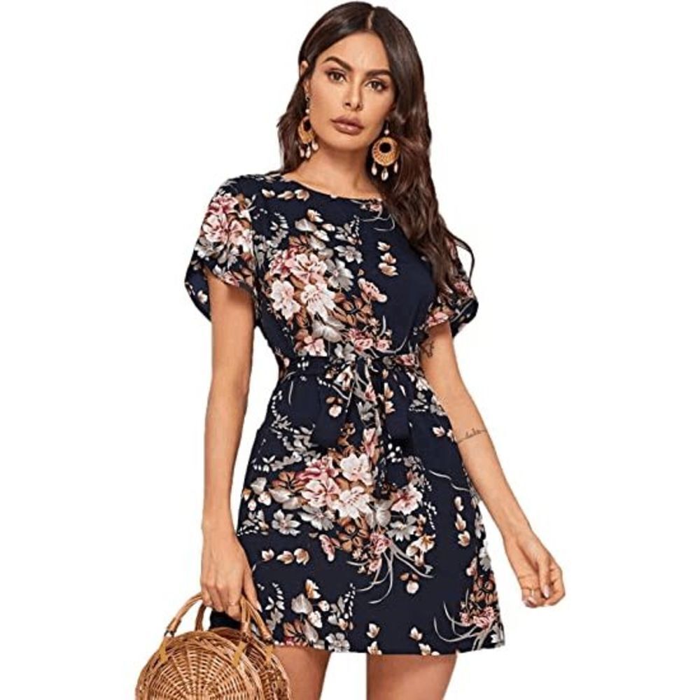 Women's Petal Short Sleeve Floral Print Belted Casual Mini Tunic Dress